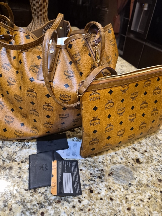 MCM Handbags - MCM Cognac Visetos Logo Tote with Matching Pouch